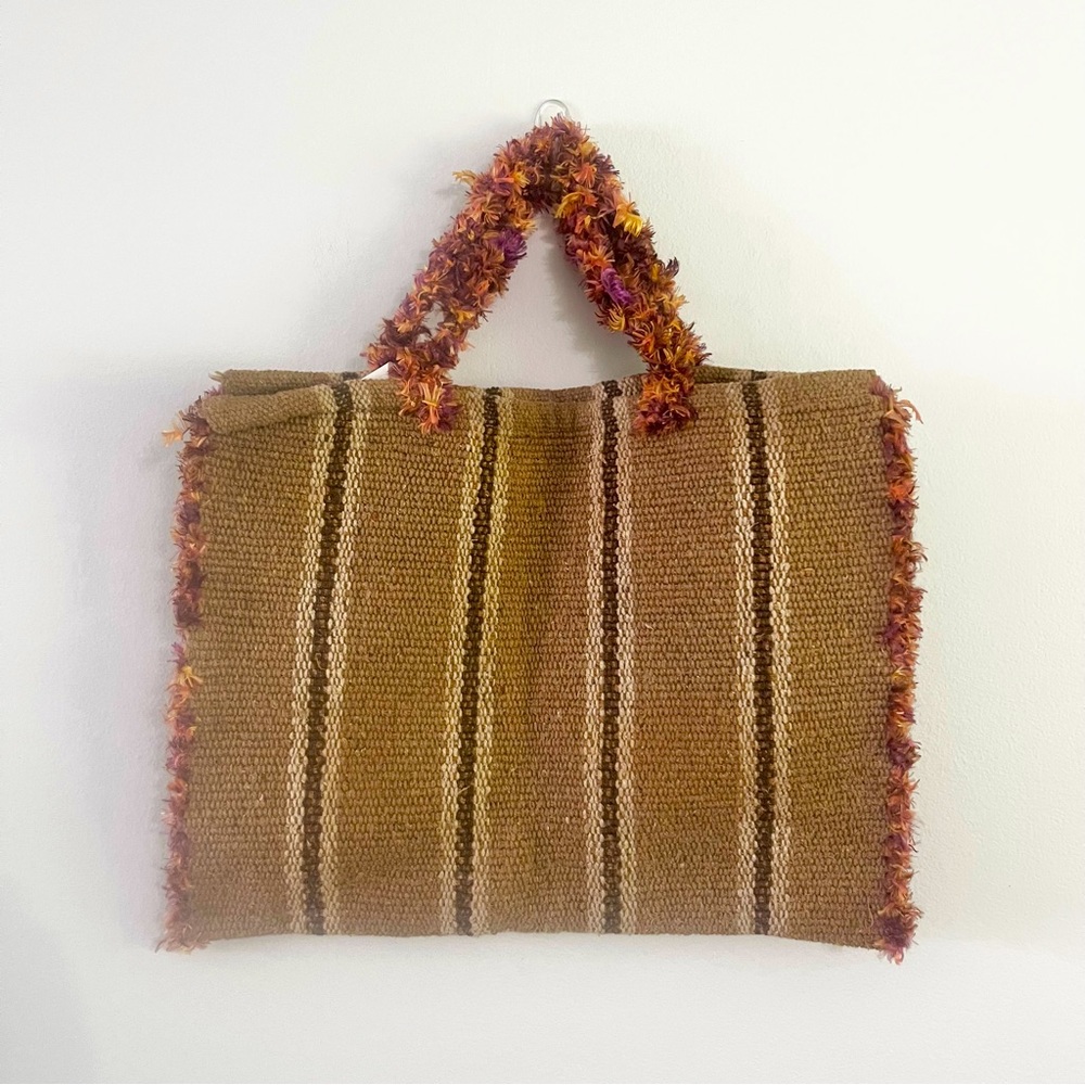 Unique Handmade Carpet Bag Tote Striped Brown w Pink Yellow Accents Read Notes
